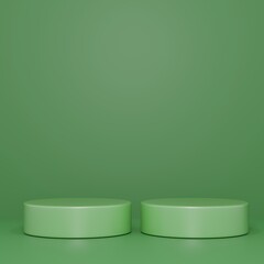 Cylinder podiums on green background. Abstract pedestal scene with geometrical. Scene to show cosmetic products presentation. Mock up design empty space. Showcase,shopfront,display case