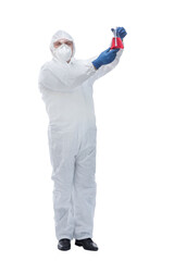 doctor in a biological-protective suit pointing to a vial of liquid