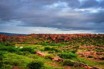 Fototapeta premium mountainous landscape with dramatic sky at morning from flat angle shot