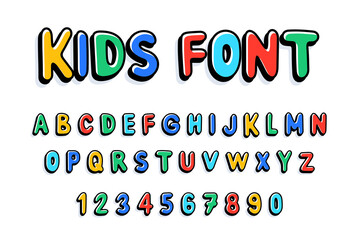 Kids font, alphabet, letters and numbers. flat style