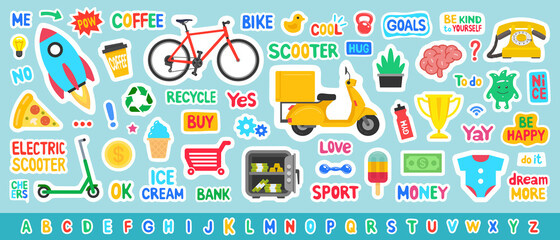 Cute sticker template. Collection of colorful stickers covering diverse subjects with text and picture icons. Flat Style