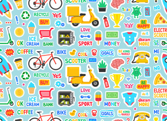 Seamless pattern with Cute sticker. Collection of colorful stickers covering diverse subjects with text and picture icons. Flat Style