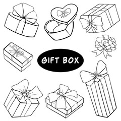 illustration of set of sketch for hand drawn doodle gift box. Isolated objects