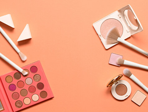 Beauty cosmetic makeup luxury set. Fashion woman make up product, brushes, lipstick, nail polish, coral collection. Creative concept. Cosmetology make-up accessories banner, top view.