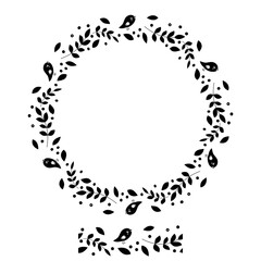 Simple black wreath with herbs and birds isolated on white background. Vector illustration