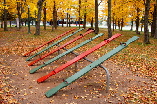 teeter totters on playground in autumn