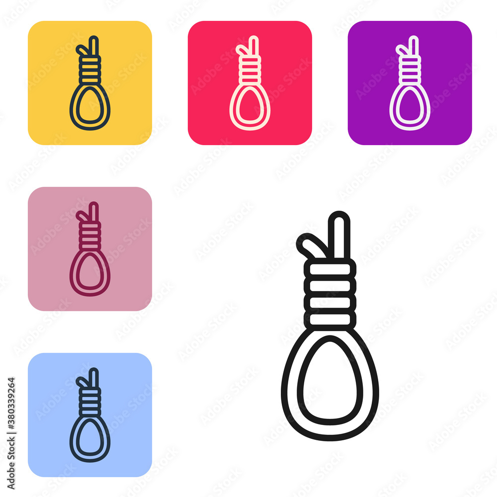 Poster black line gallows rope loop hanging icon isolated on white background. rope tied into noose. suicid