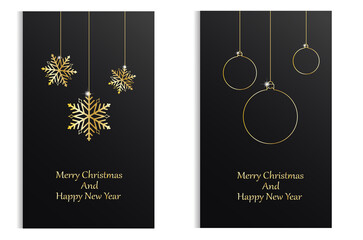 Merry Christmas and Happy New Year greetings card with golden snowflakes and Christmas balls. Vector Illustration. 