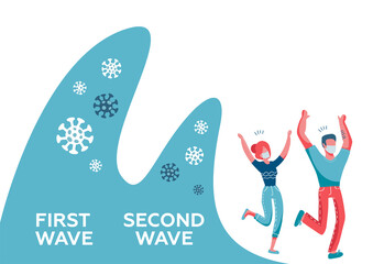Covid-9 second wave people wearing face protective mask run away from two big coronavirus waves. Flat vector illustration. The frightened man and woman are saved from the disease.