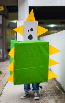 Boy in a handmade monster costume