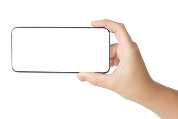 Girls hand hold modern smartphone with blank screen isolated on white background