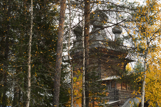 Ancient wooden church behind trees in the autumn