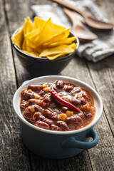 Chili con carne and tortilla chips. Mexican food with beans.