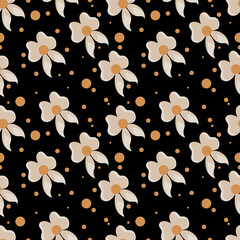 Whimsical brownish flowers and Orange spots on a black background seamless pattern