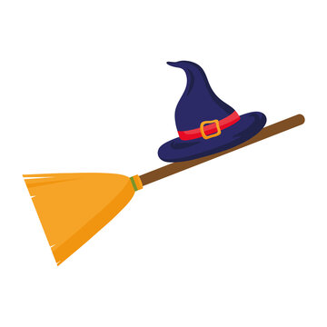 halloween witch hat on broom design, happy holiday and scary theme Vector illustration