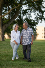 Naklejka na ściany i meble retired couple walking in a park smiling