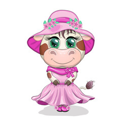 Cute cartoon cow girl with beautiful eyes in a pink dress and a hat. Funny cow character