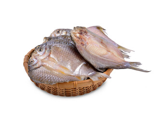 dried (one-sun) marinated butterfly silver barb in bamboo basket with white background