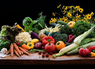 Still life with various vegetables and flowers