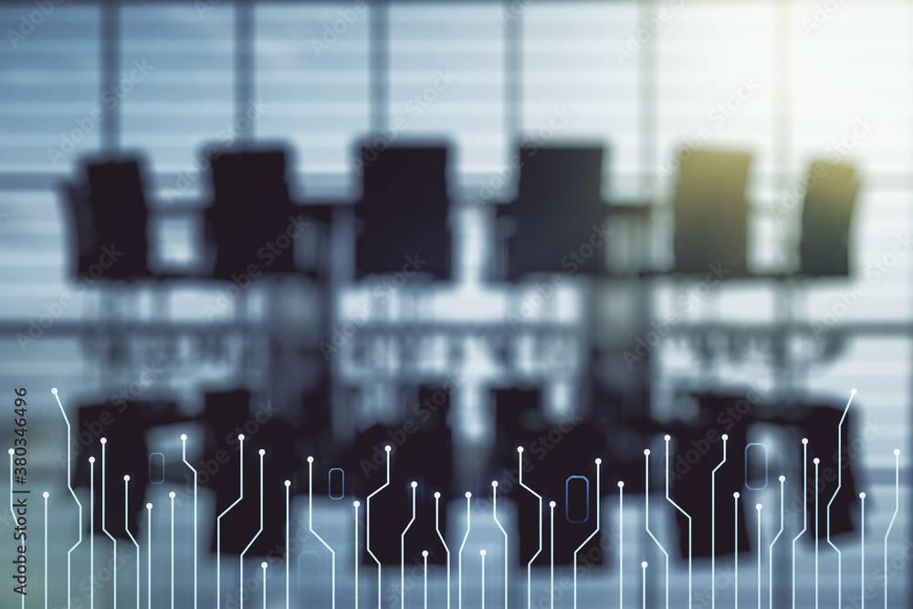 Poster abstract virtual micro chip hologram on a modern coworking room background, artificial intelligence 