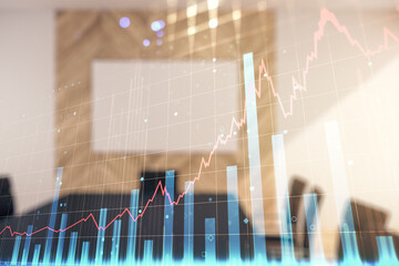 Abstract virtual financial graph hologram on a modern furnished classroom background, financial and trading concept. Multiexposure
