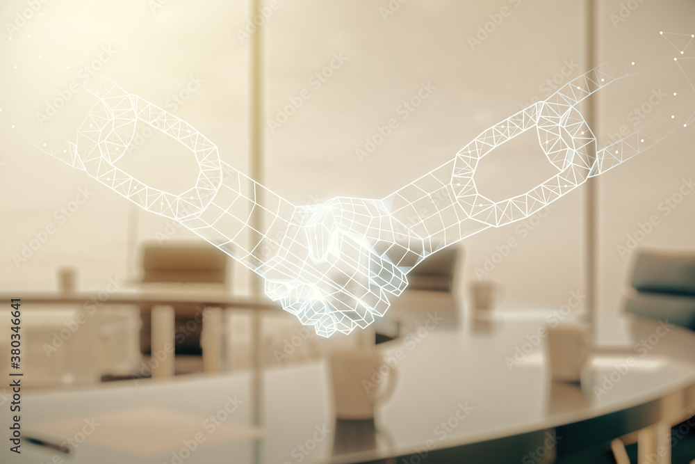 Poster abstract virtual block chain technology sketch with handshake on a modern boardroom background, futu