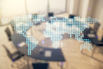 Multi exposure of abstract creative digital world map hologram on a modern meeting room background, research and analytics concept