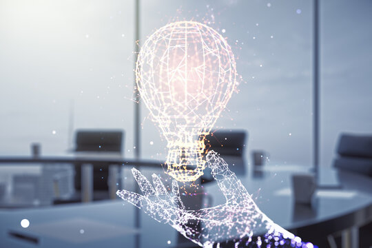 Double exposure of creative light bulb hologram on a modern meeting room background, research and development concept