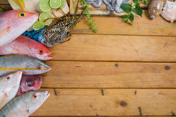 Eating themes. Variety of fresh tropical fishes, lobster, seashells and octopus on wooden table....