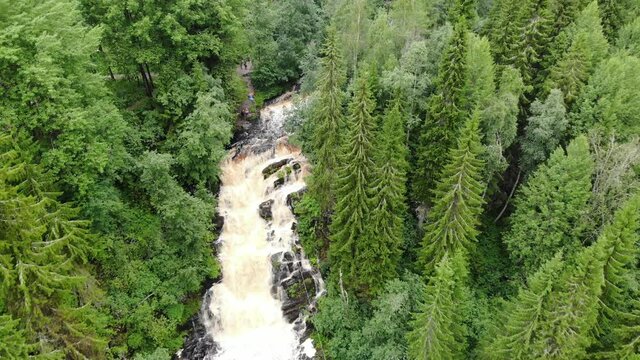 big waterfall cascade rapids fall in Jukankoski Russian Karelia. closeup aerial