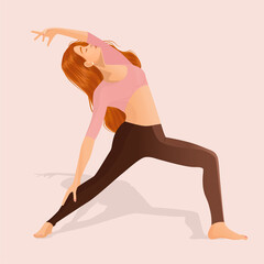 Vector illustration of a girl dancer on a pink background. The concept of yoga, meditation, sports, healthy lifestyle, dance, dance moves, fitness, exercise, gymnastics, workout.