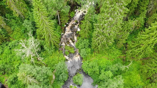 big waterfall cascade rapids fall in Jukankoski Russian Karelia. closeup aerial
