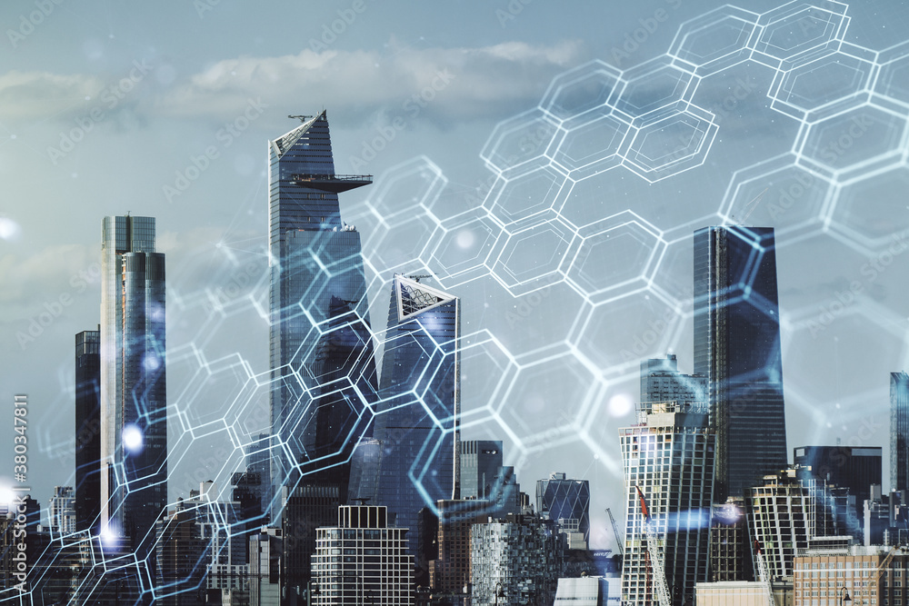 Poster abstract virtual wireless technology hologram with hexagon on new york city skyline background. big 