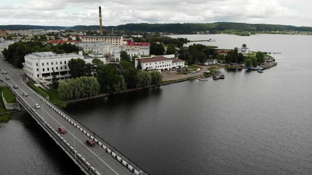 Aerial panorama view Sortavala transport bridge on the coast of Ladoga lake.