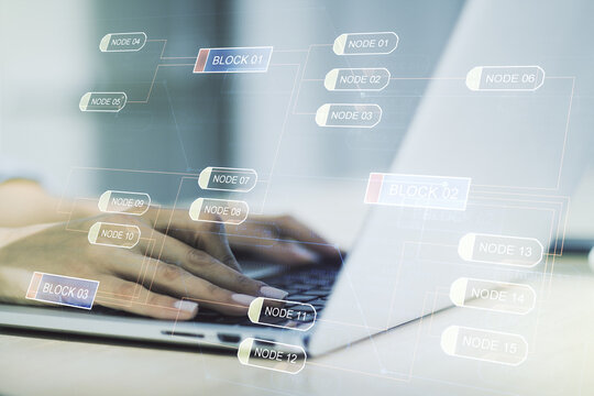 Multi exposure of abstract creative coding sketch and hands typing on computer keyboard on background, artificial intelligence and neural networks concept