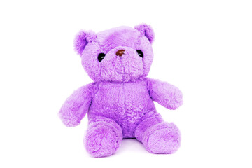 Funny lilac teddy bear sitting isolated on white background. Photography for children's toy catalog