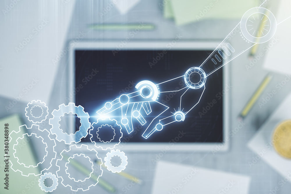 Aufkleber Creative concept of robotics technology and modern digital tablet on background, top view. Robot development and automation concept. Multiexposure