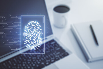 Abstract creative fingerprint concept on modern laptop background. Multiexposure