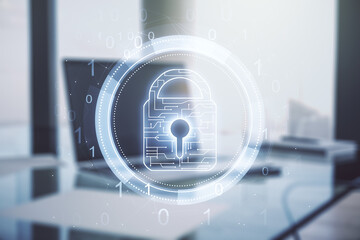 Double exposure of creative lock hologram with chip on laptop background. Information security concept