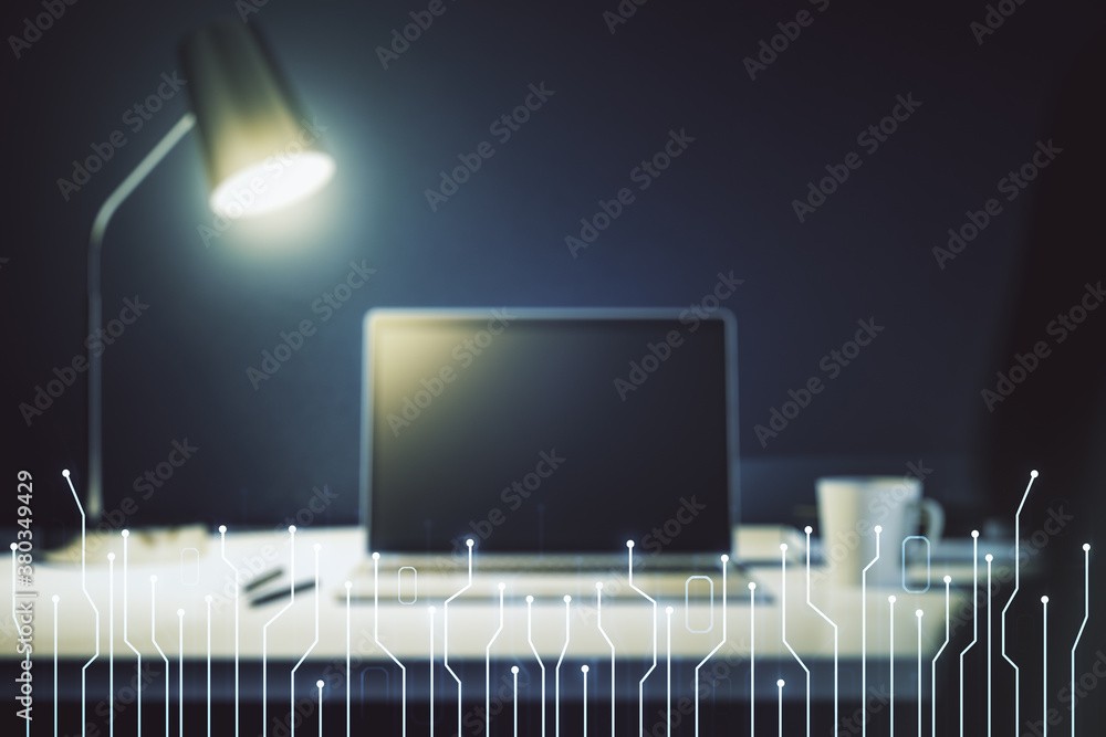 Poster creative abstract micro chip hologram on modern computer background, artificial intelligence and mac