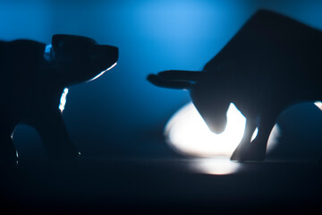 Silhouettes of figurines of bull and bear in spot light