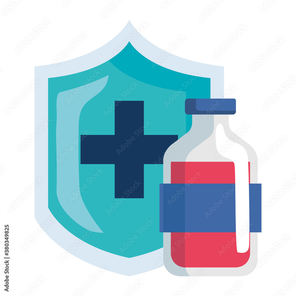 Sticker medical medicine jar and cross shield design of care health and emergency theme Vector illustration