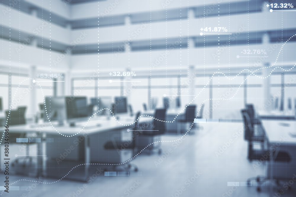 Poster multi exposure of abstract statistics data hologram interface on a modern furnished office interior 