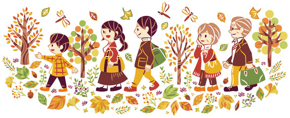 秋の紅葉狩り旅行 アウトドアレジャー 三世代家族 アイコンイラストと吹き出し セット Wall Mural Keiko Kusuhara