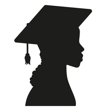 Beautiful African American College Girl Student, University Graduate In Graduation Cap And Gown Profile Avatar Silhouette. Vector Illustration.