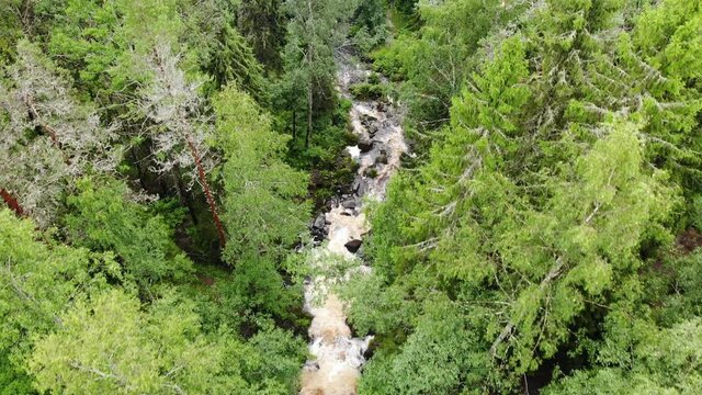 big waterfall cascade rapids fall in Jukankoski Russian Karelia. closeup aerial