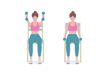 Exercises that can be done at-home using a sturdy chair.
With dumbbells, Keeping the arms straight and the palms in their facing positions, continue to move the arms up in front of the body. 