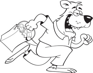 Black and white illustration of a werewolf running while holding a trick or treat bag.