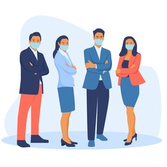 business people standing together wearing medical mask. healthcare and prevention concept. flat illustration