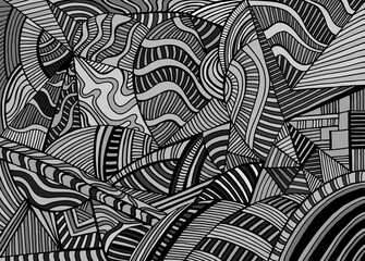 Black and gray abstract geometric shapes from triangles, ellipses with many patterns, doodle psychedelic art colorful background